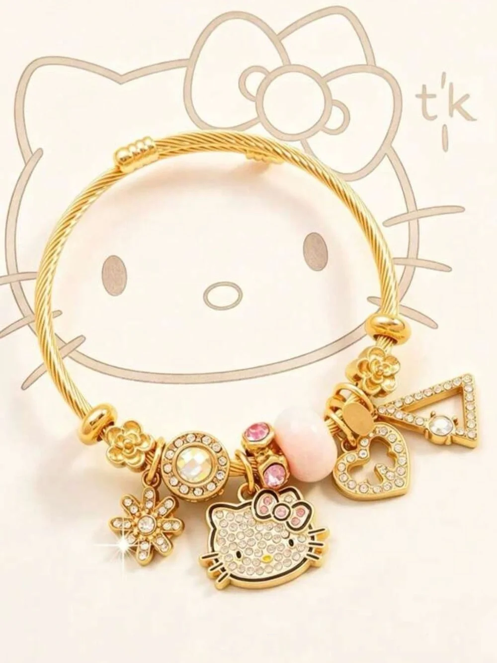 Sanrio Hello Kitty Gold and Pink Crystal Charm Bangle